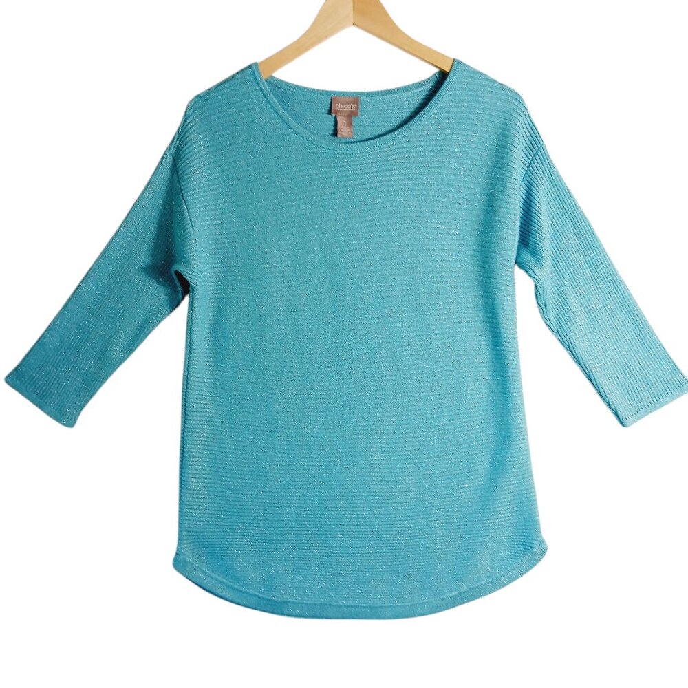 Chico's, Turquoise Blue, Sparkle, Ribbed Knit Top with 3/4 Sleeves, Size Small - Picture 3 of 12